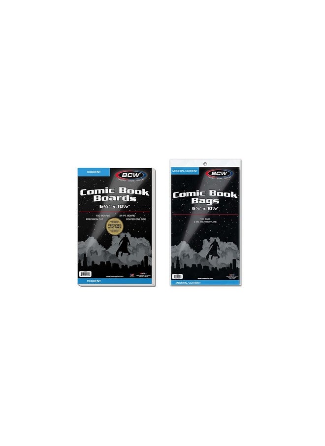 BCW - Current Comic Boards And Bags Combo | 100 Polypropylene Comic Bags & Backer Boards | Acid-Free Archival Quality | Crystal Clear | Preserves Collectible Comics | Fits Standard Comic Storage Boxes - Image 1