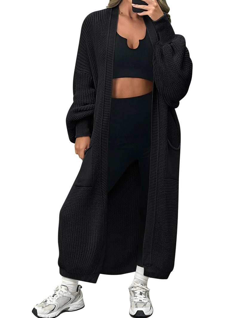 LILLUSORY Womens Long Cardigan Fall Sweater 2025 Plus Size Oversized Chunky Ribbed Cable Knit Cozy Coat Outfit Clothes Coatigan Jacket Fashion Trendy Winter Black XL - Image 1