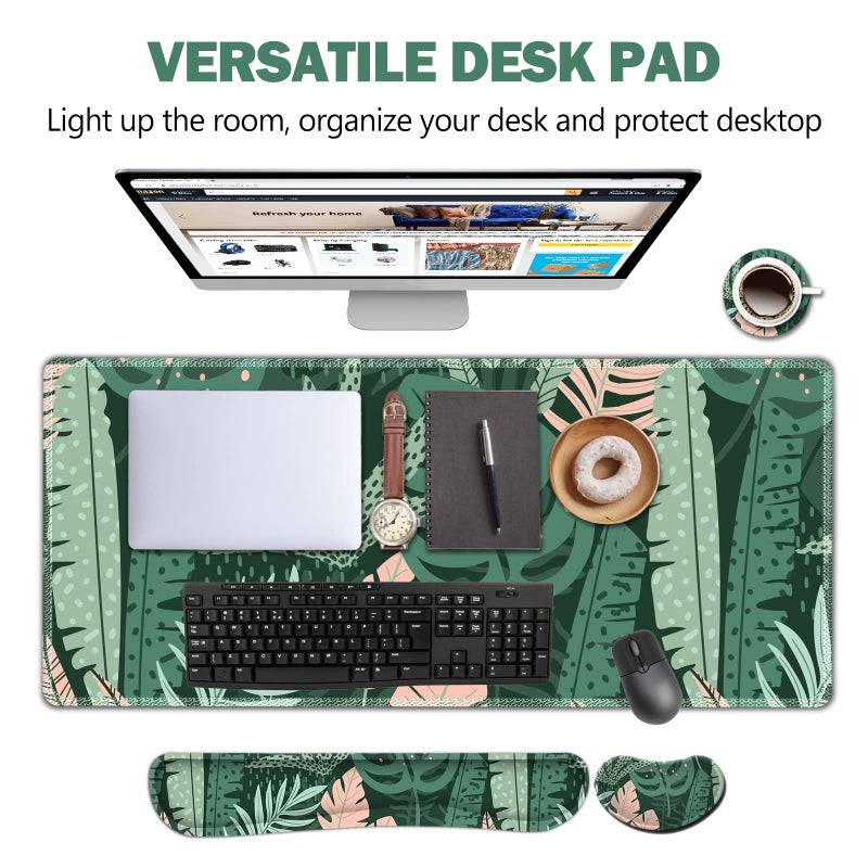 AIMSA Large Gaming Mouse Pad Set, Keyboard Wrist Rest Support Mouse Pad, Ergonomic Memory Foam Multifunctional Extended Desk Mat 35x15.7in Anti-Slip Rubber Base for Office Home, Pink Green Leaves - Image 3