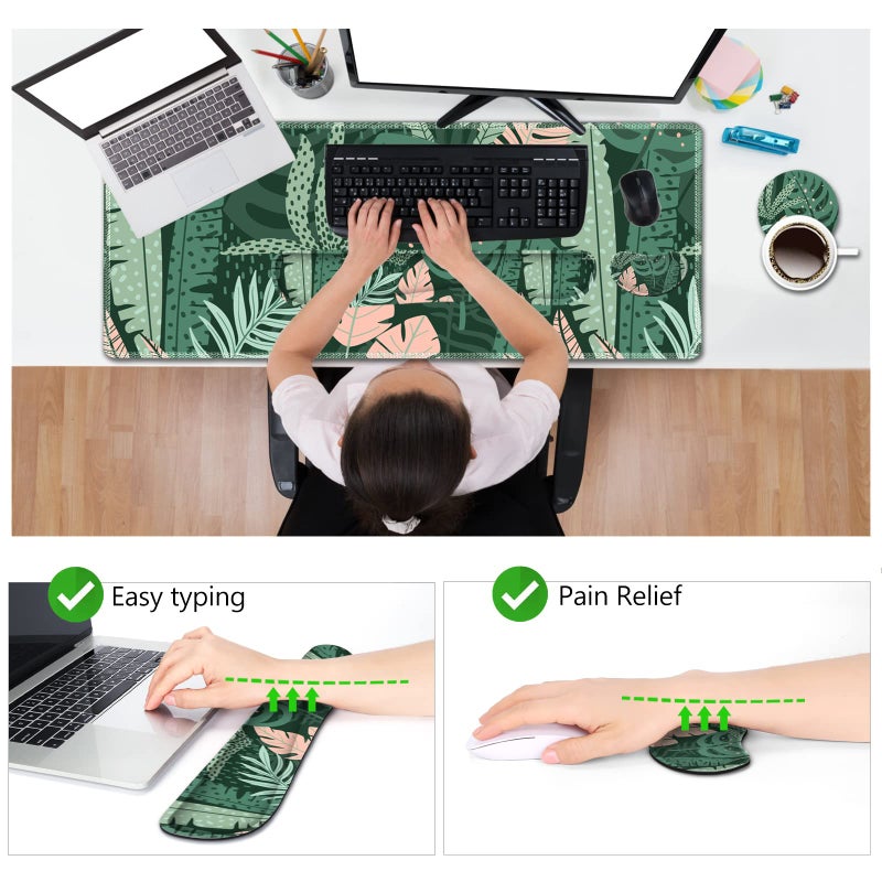 AIMSA Large Gaming Mouse Pad Set, Keyboard Wrist Rest Support Mouse Pad, Ergonomic Memory Foam Multifunctional Extended Desk Mat 35x15.7in Anti-Slip Rubber Base for Office Home, Pink Green Leaves - Image 2
