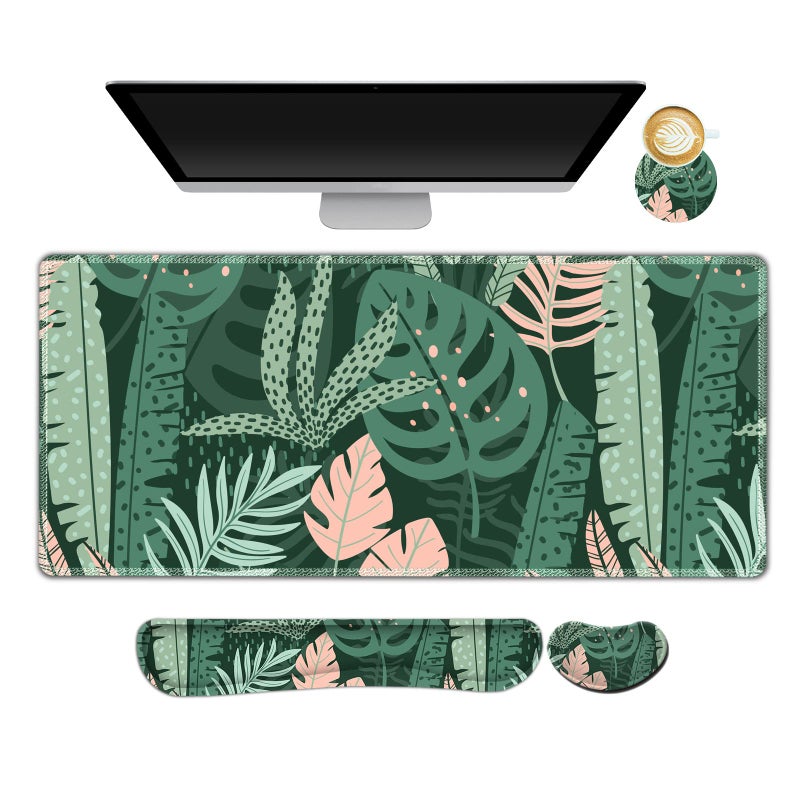 AIMSA Large Gaming Mouse Pad Set, Keyboard Wrist Rest Support Mouse Pad, Ergonomic Memory Foam Multifunctional Extended Desk Mat 35x15.7in Anti-Slip Rubber Base for Office Home, Pink Green Leaves - Image 1