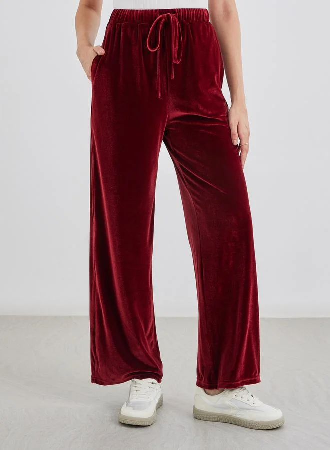 Styli Styli Velvet Look Wide Leg Joggers with Drawstring