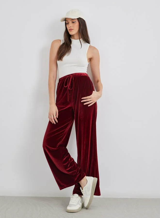 Styli Styli Velvet Look Wide Leg Joggers with Drawstring
