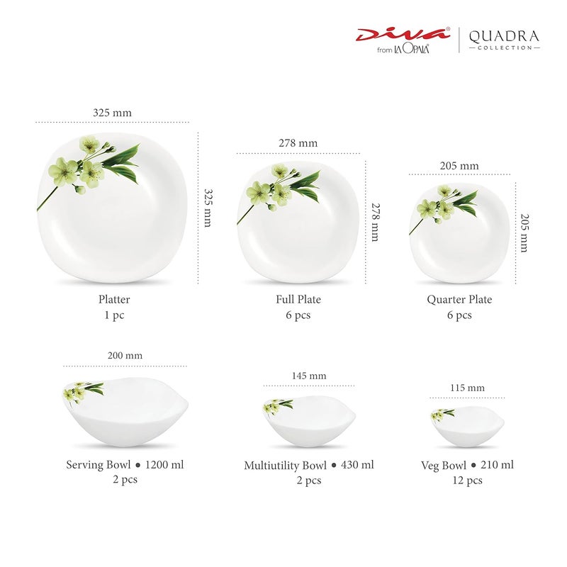 La Opala لا أوبالا ديفا، مجموعة كوادرا، طقم عشاء زجاج أوبال 29 قطعة، سنودروب، أبيض - Image 3
