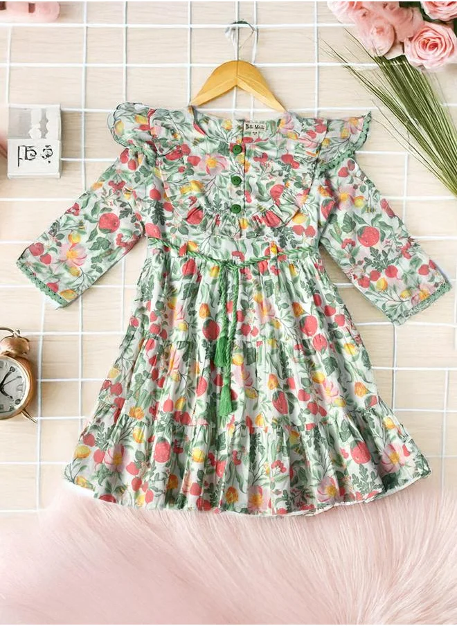 بيلا مودا Bella Moda All-Over Print Ruffle Trim Tiered Dress with 3/4 Sleeves