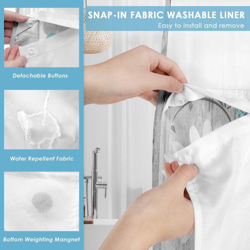 Nesphy No Hook Flower Daisy Shower Curtain with Snap in Fabric Liner Set, Gray Wooden Boards Double Layers Waterproof Fabric with See Through Top Window Open Grommet Bath Curtain 71x74 Inch - Image 3