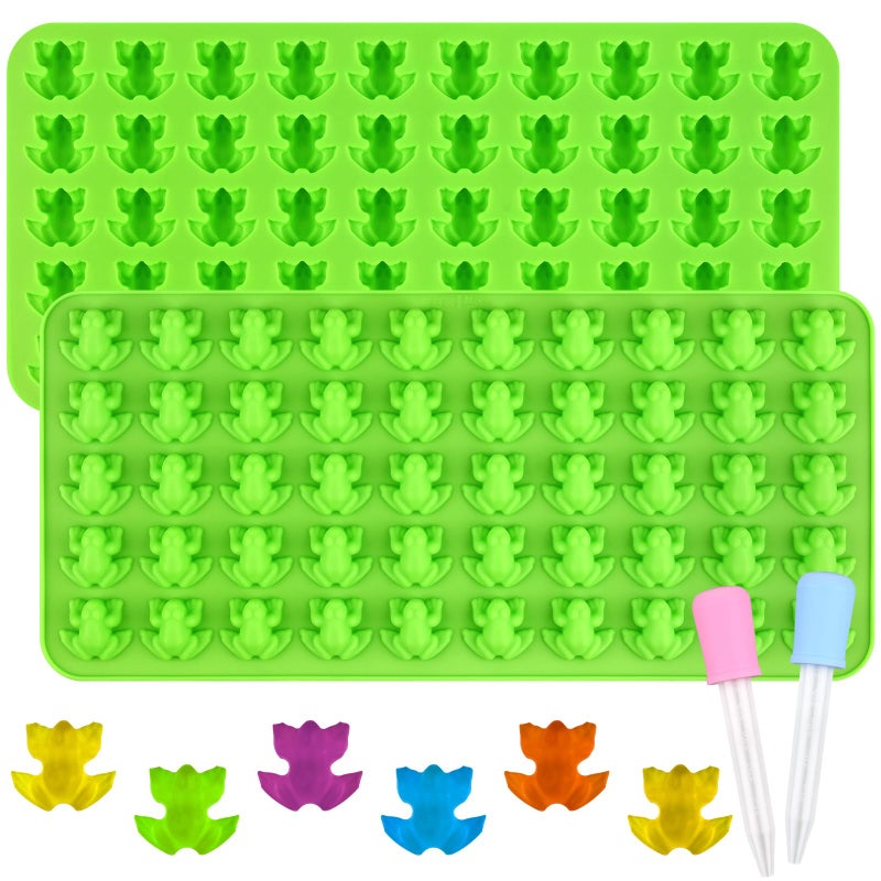 Sakolla Mini Frog Candy Molds, 100 Cavities Silicone Molds for Chocolate, Gummy, and Mints, Set of 2 with 2 Droppers (Green) - Image 1