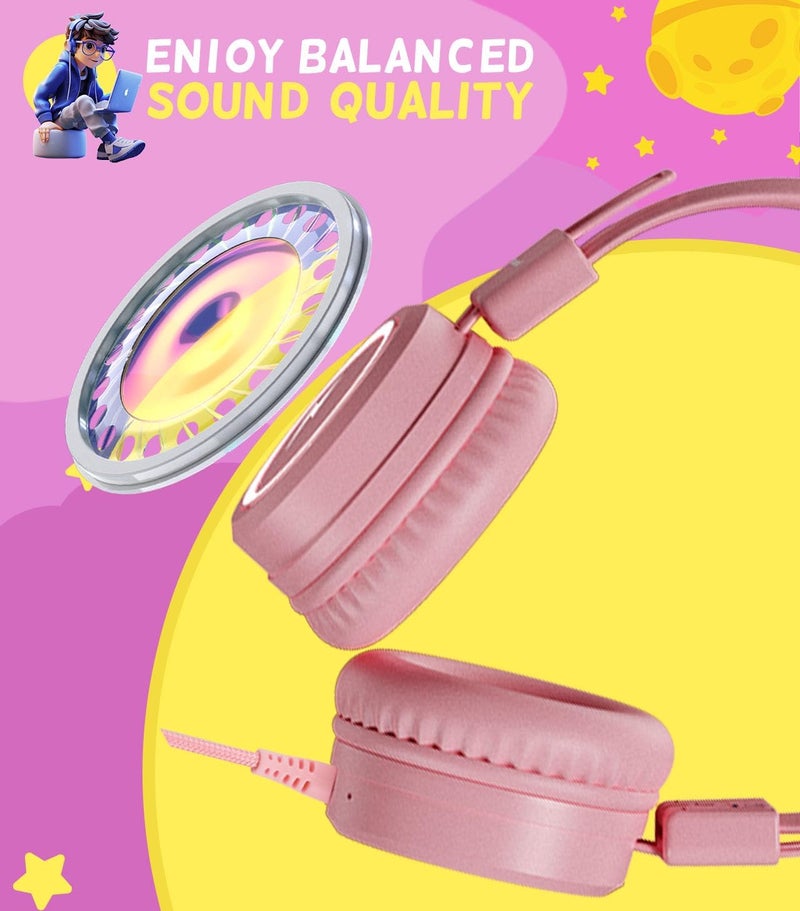سماعات رأس للأطفال للمدرسة، سماعات رأس للأطفال من نوع USB Type C مع أضواء LED، سماعات رأس سلكية للأولاد والبنات مع محدد أمان 85dB/94dB، سماعات رأس قابلة للطي توضع على الأذن مع ميكروفونات للفتيات، الأولاد، iPad - وردي - Image 5