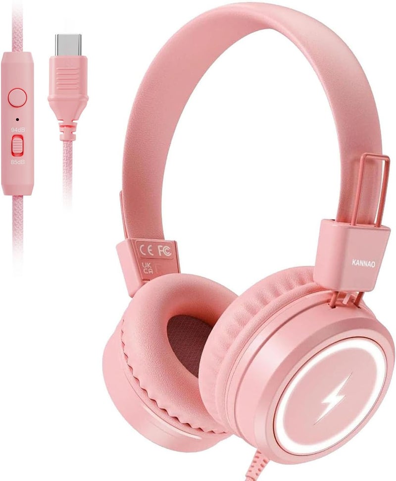 سماعات رأس للأطفال للمدرسة، سماعات رأس للأطفال من نوع USB Type C مع أضواء LED، سماعات رأس سلكية للأولاد والبنات مع محدد أمان 85dB/94dB، سماعات رأس قابلة للطي توضع على الأذن مع ميكروفونات للفتيات، الأولاد، iPad - وردي - Image 1