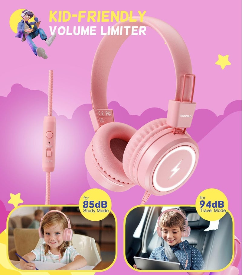 سماعات رأس للأطفال للمدرسة، سماعات رأس للأطفال من نوع USB Type C مع أضواء LED، سماعات رأس سلكية للأولاد والبنات مع محدد أمان 85dB/94dB، سماعات رأس قابلة للطي توضع على الأذن مع ميكروفونات للفتيات، الأولاد، iPad - وردي - Image 4