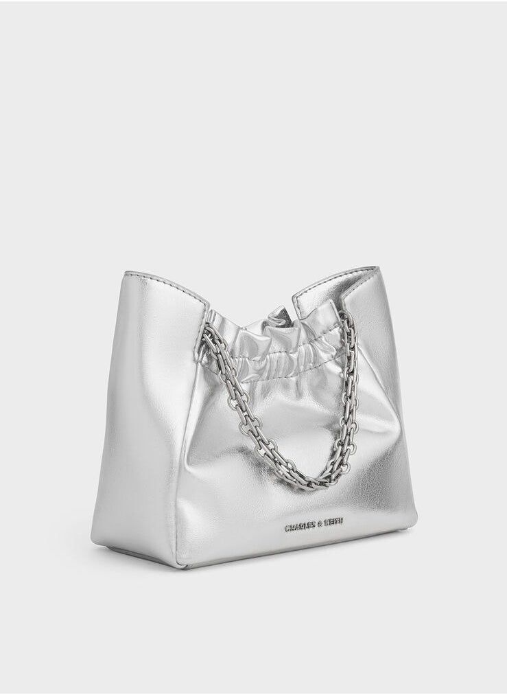 Charles & Keith Charles & Keith Brigette Ruched Glittered Chain-Handle Shoulder Bag & Crossbody Bag - Silver  - Image 3