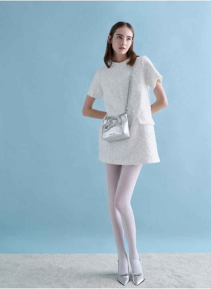 Charles & Keith Charles & Keith Brigette Ruched Glittered Chain-Handle Shoulder Bag & Crossbody Bag - Silver  - Image 4