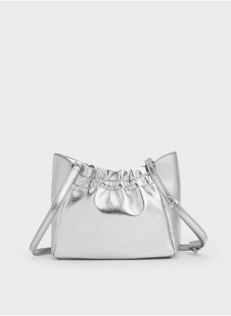 Charles & Keith Charles & Keith Brigette Ruched Glittered Chain-Handle Shoulder Bag & Crossbody Bag - Silver  - Image 5