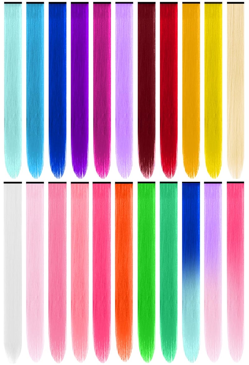 22 Pcs Colored Hair Extensions Multicolors Party Highlights Clip in Synthetic Hair Extensions 22 inch Rainbow Hairpieces for Girls Women Kids Favor Gift Colorful Set