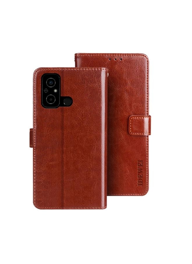 HuHa Case Cover For Xiaomi Poco C55/Redmi 12C/Redmi 11A idewei Crazy Horse Texture Leather Phone Case with Holder Brown 