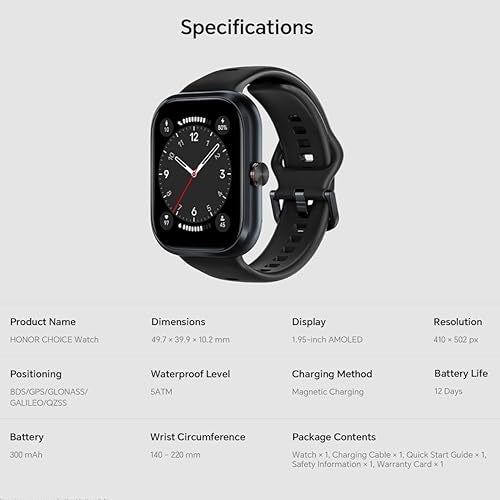 Honor Choice Watch| 1.95" AMOLED Display | Bluetooth Calling | 120 Workout Modes | 5 ATM Swim-Ready | Upto 12 Days Battery Life | Built-in Multi-System GNSS | SpO2, Heart Rate, Sleep Tracking (Black) - Image 5