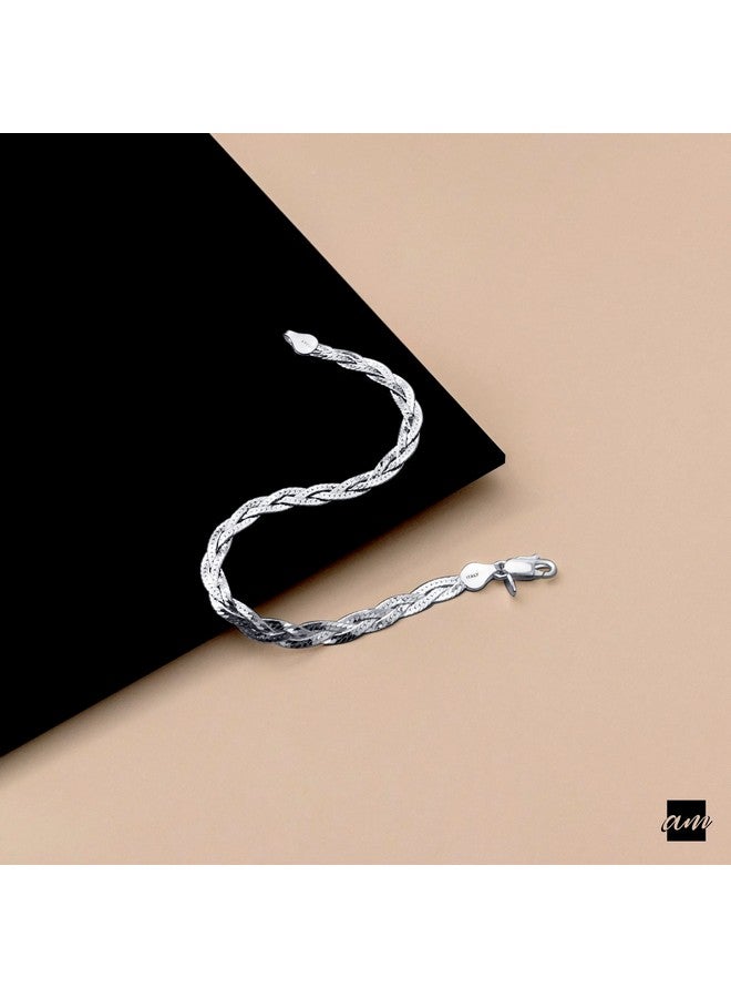 Amberta Women'S 925 Sterling Silver Braided Herringbone Chain Bracelet (Length 7.5 Inch): Silver - Image 3