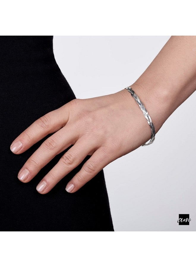 Amberta Women'S 925 Sterling Silver Braided Herringbone Chain Bracelet (Length 7.5 Inch): Silver - Image 2