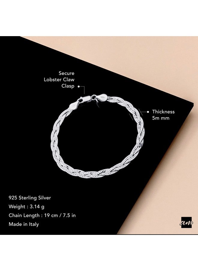 Amberta Women'S 925 Sterling Silver Braided Herringbone Chain Bracelet (Length 7.5 Inch): Silver - Image 5