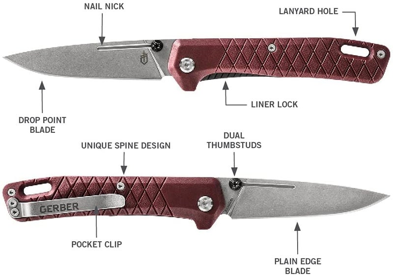 Gerber سكين جيبر جير زيلش القابلة للطي، شفرة بحافة مستقيمة بطول 3.1 بوصة، أحمر داكن - Image 2