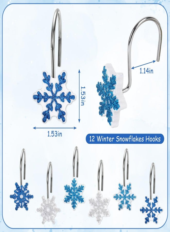 Whaline 12 Pcs Christmas Snowflake Shower Curtain Hooks Shower Rings Silver Blue Resin Decorative Curtain Rods Hooks for Winter Xmas Bathroom Bedroom Living Room Decor - Image 2