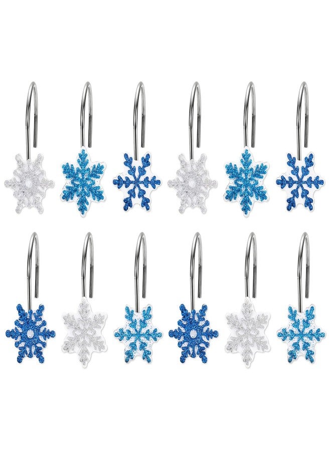 Whaline 12 Pcs Christmas Snowflake Shower Curtain Hooks Shower Rings Silver Blue Resin Decorative Curtain Rods Hooks for Winter Xmas Bathroom Bedroom Living Room Decor - Image 1
