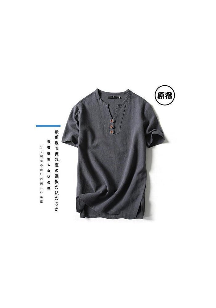 Chinese Style Linen T-shirt Men's Short-sleeved Summer Solid Color Cotton and Linen Half-sleeved V-neck Base Shirt Chinese Style Men's All-match Top - Image 1