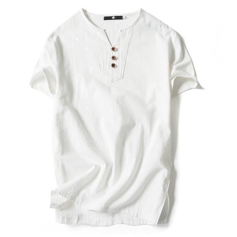 Chinese Style Linen T-shirt Men's Short-sleeved Summer Solid Color Cotton and Linen Half-sleeved V-neck Base Shirt Chinese Style Men's All-match Top - Image 4