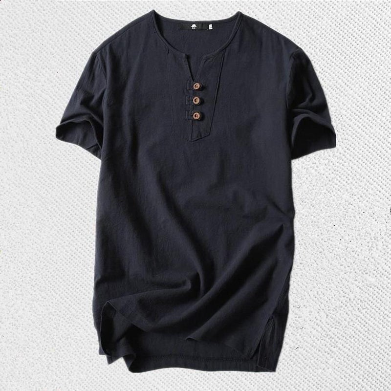 Chinese Style Linen T-shirt Men's Short-sleeved Summer Solid Color Cotton and Linen Half-sleeved V-neck Base Shirt Chinese Style Men's All-match Top - Image 3