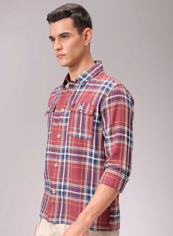 The Indian Garage Co Men Regular Fit Checkered Full Sleeves Convertible Collar Double Flap Pocket Street Wear Over Shirt