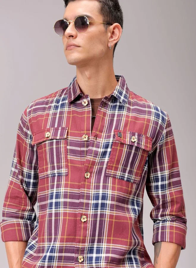 The Indian Garage Co Men Regular Fit Checkered Full Sleeves Convertible Collar Double Flap Pocket Street Wear Over Shirt