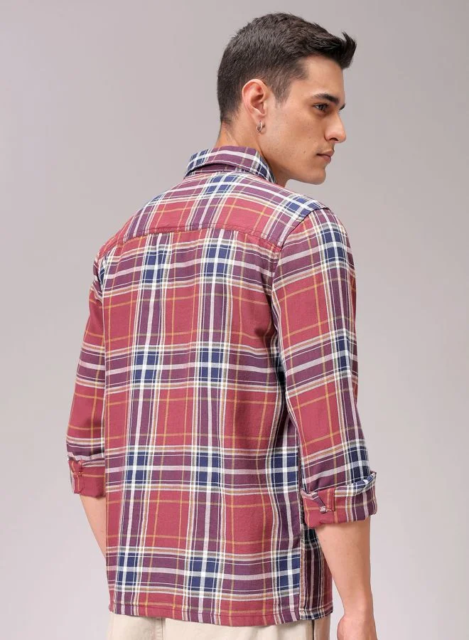 The Indian Garage Co Men Regular Fit Checkered Full Sleeves Convertible Collar Double Flap Pocket Street Wear Over Shirt
