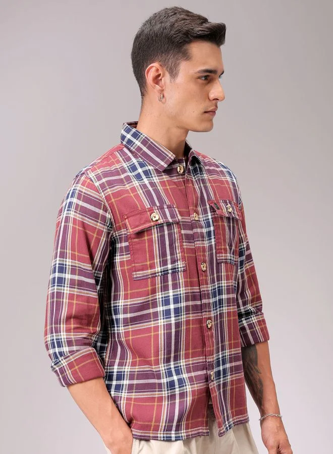 The Indian Garage Co Men Regular Fit Checkered Full Sleeves Convertible Collar Double Flap Pocket Street Wear Over Shirt