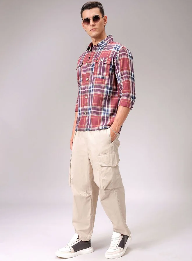 The Indian Garage Co Men Regular Fit Checkered Full Sleeves Convertible Collar Double Flap Pocket Street Wear Over Shirt