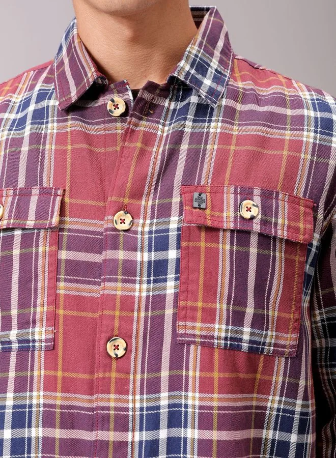 The Indian Garage Co Men Regular Fit Checkered Full Sleeves Convertible Collar Double Flap Pocket Street Wear Over Shirt