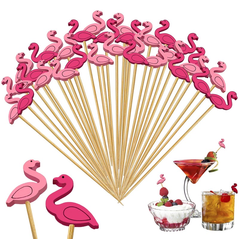 150 PCS Cocktail Picks Cute Flamingo Handmade Sticks Wooden Fruit Toothpicks Party Decorations Appetizer Skewers for Valentines Day