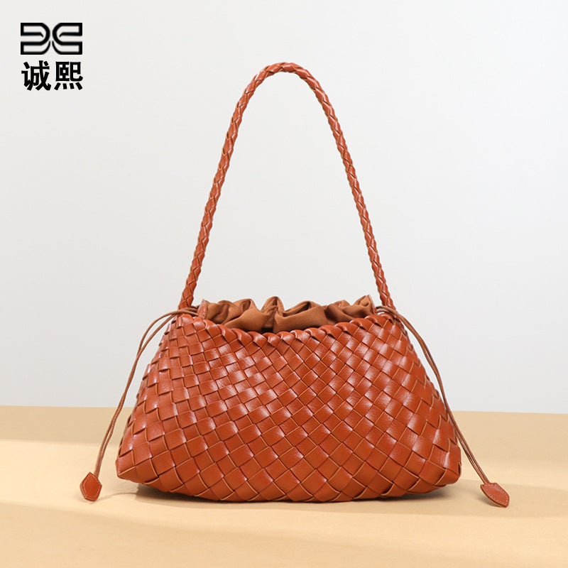 Soft PU Woven Bucket Bag with Drawstring Closure for Women - Image 2