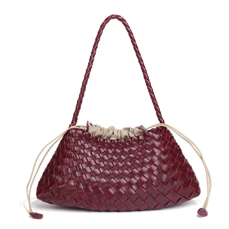 Soft PU Woven Bucket Bag with Drawstring Closure for Women - Image 1