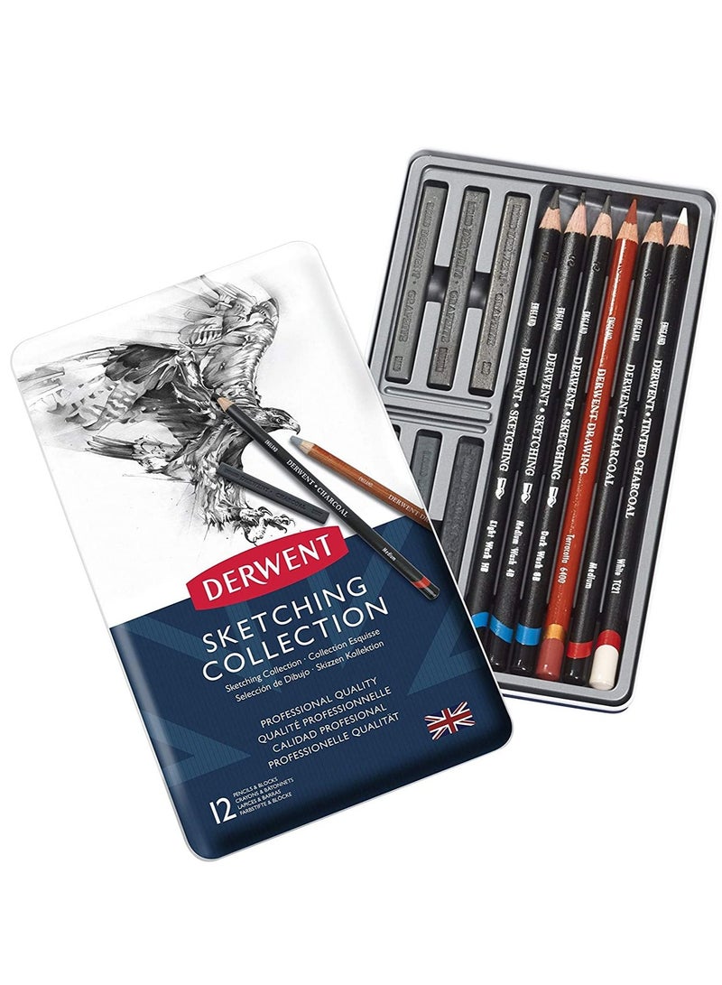 Derwent Sketching Collect 12 Drawing Tools In Tin Pencils Charcoal Graphite - Image 2