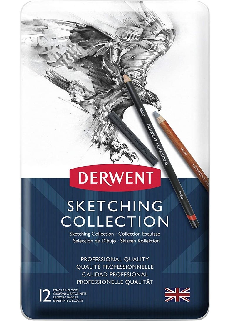 Derwent Sketching Collect 12 Drawing Tools In Tin Pencils Charcoal Graphite - Image 1