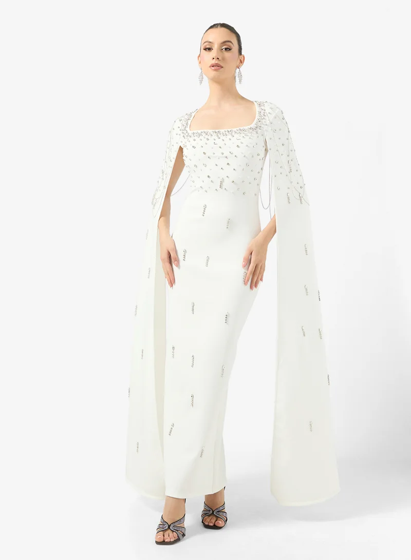 Ginger Boutique Rhinestone Embellished Luxe Cape Maxi Gown