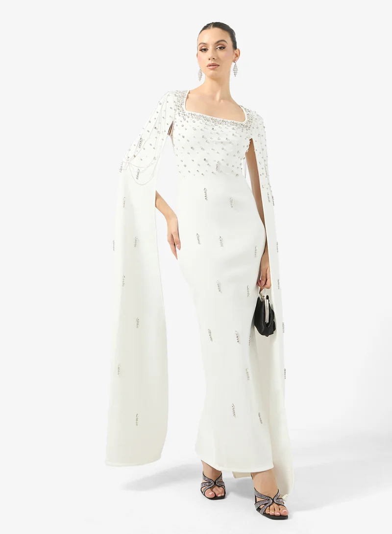 Ginger Boutique Rhinestone Embellished Luxe Cape Maxi Gown