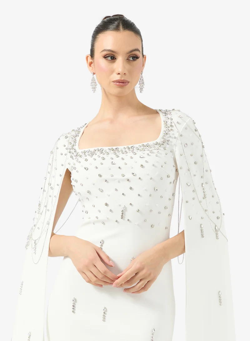 Ginger Boutique Rhinestone Embellished Luxe Cape Maxi Gown