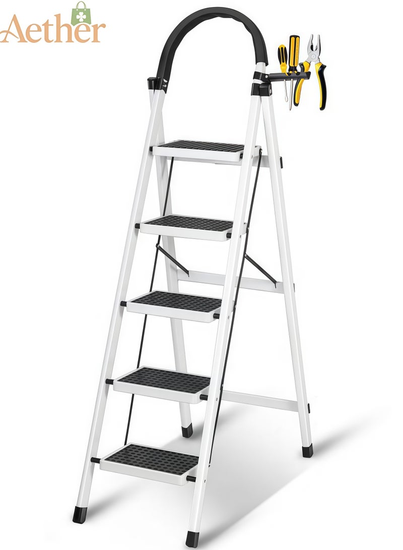 AETHER Foldable Ladder 5 Steps with Safety Lock and Wide Anti Slip Pedal Sturdy Steel for Home Kitchen Office - Image 1