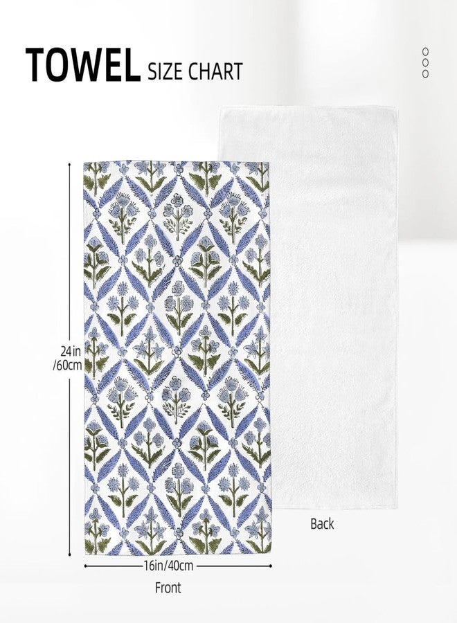 Sorktse Blue Sage Green Block Print Kitchen Towels Vintage Floral Dish Towel 16×24 Inch Soft Absorbent Spring Summer Flowers Hand Cloths Decorative for Kitchen Drying Set of 2 - Image 2