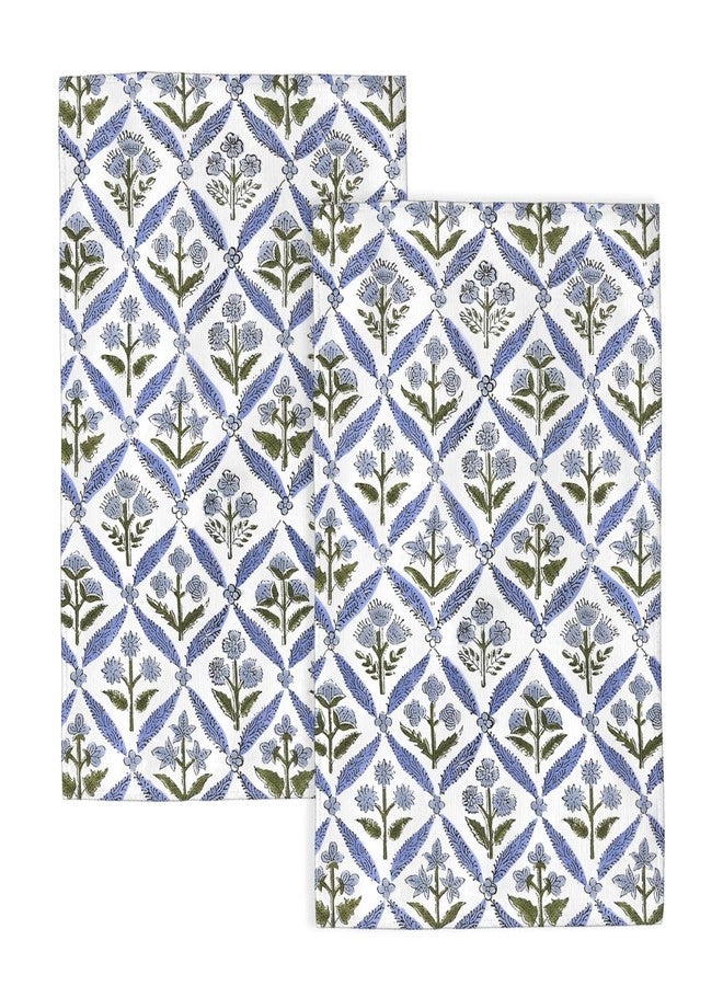 Sorktse Blue Sage Green Block Print Kitchen Towels Vintage Floral Dish Towel 16×24 Inch Soft Absorbent Spring Summer Flowers Hand Cloths Decorative for Kitchen Drying Set of 2 - Image 1