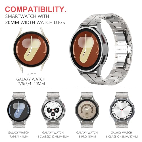 FULLIFE Compatible with Samsung Galaxy Watch 7 6 5 4 FE 40mm 44mm Band Metal Folding Clasp Stainless Steel 20mm Galaxy Watch 6 Classic 4 Classic 5 Pro 43mm 47mm 42mm 46mm 45mm for Men Women, Titanium - Image 2