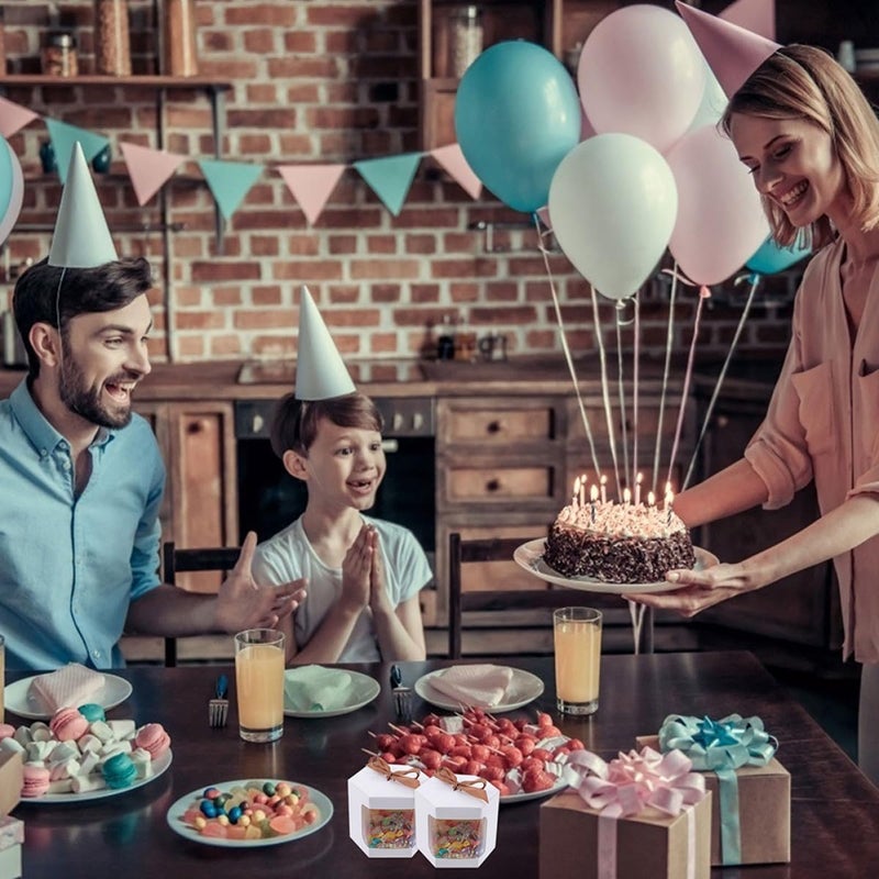 JEWEDECO 10 قطع صناديق حلوى كرتونية بيضاء صغيرة مقاس 7x7x7 سم مع شريط زخرفي على شكل فيونكة، صناديق تخزين ورقية للحلويات، مناسبة لتغليف هدايا الزفاف والحلويات - Image 5