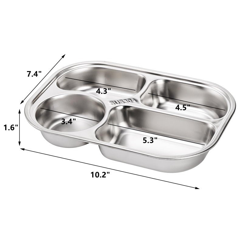 DEAYOU 4 Pack 18/10 Stainless Steel Divided Plate, Small Child Plate with 4-Compartment, Portion Control Serving Platter, Mess Food Sectioned Tray for Dinner, Lunch, Cafeteria, Kids, Adult - Image 2