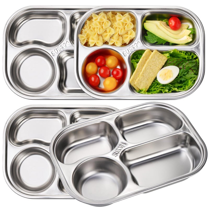 DEAYOU 4 Pack 18/10 Stainless Steel Divided Plate, Small Child Plate with 4-Compartment, Portion Control Serving Platter, Mess Food Sectioned Tray for Dinner, Lunch, Cafeteria, Kids, Adult - Image 1